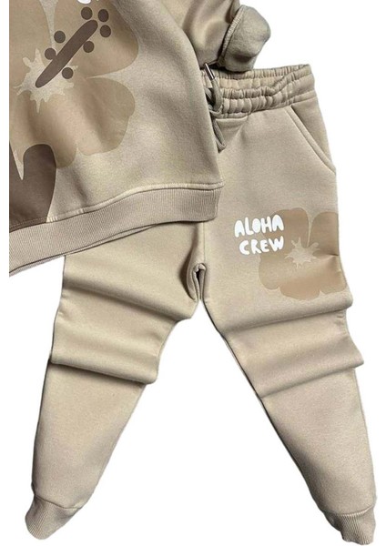 Kız Çocuk Aloha Crew Digital Baskı Kapüşonlu Bej Eşofman Takım modelleri