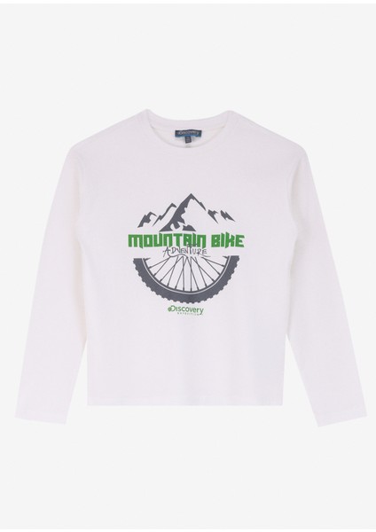 Beyaz Erkek Bisiklet Yaka Relaxed Fit Baskılı Uzun Kollu T-Shirt D4WB-TST3057