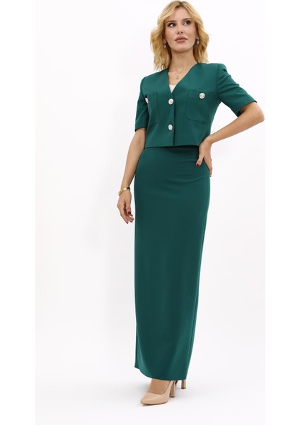 V Yaka Kısa Ceket & Uzun Düz Dar Etek-Zümrüt