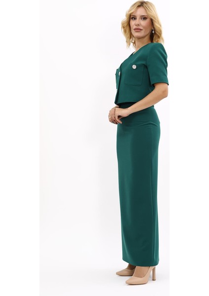 V Yaka Kısa Ceket & Uzun Düz Dar Etek-Zümrüt fiyatları