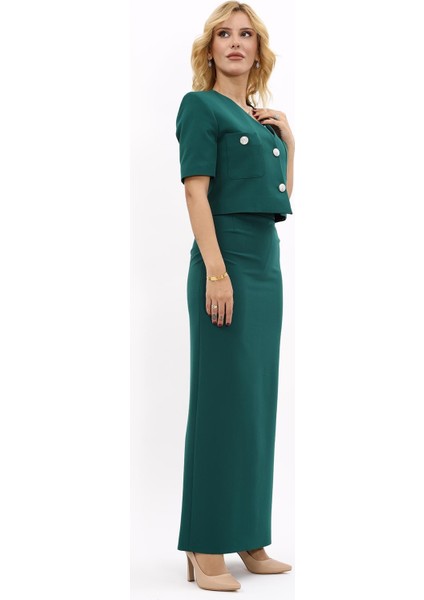 V Yaka Kısa Ceket & Uzun Düz Dar Etek-Zümrüt modelleri