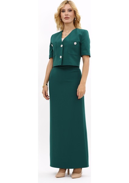V Yaka Kısa Ceket & Uzun Düz Dar Etek-Zümrüt indirimleri