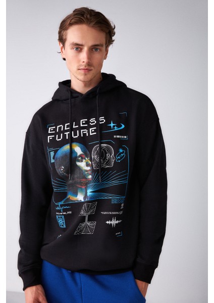 Warrıor Erkek Içi Polarlı Metaverse Baskılı Kapüşonlu Kordonlu Siyah Sweatshirt