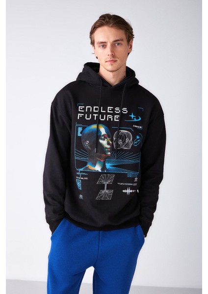 Warrıor Erkek Içi Polarlı Metaverse Baskılı Kapüşonlu Kordonlu Siyah Sweatshirt