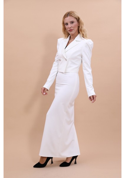 Gömlek Yaka Kısa Ceket & Uzun Düz Dar Etek-Beyaz