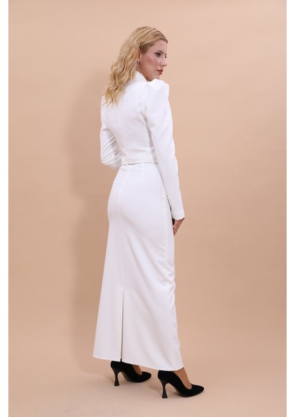 Gömlek Yaka Kısa Ceket & Uzun Düz Dar Etek-Beyaz fiyatları