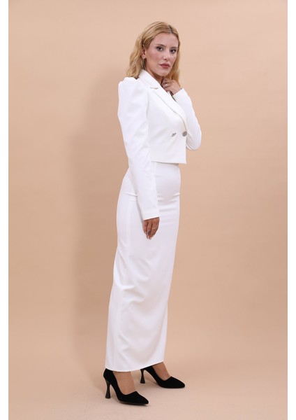 Gömlek Yaka Kısa Ceket & Uzun Düz Dar Etek-Beyaz modelleri