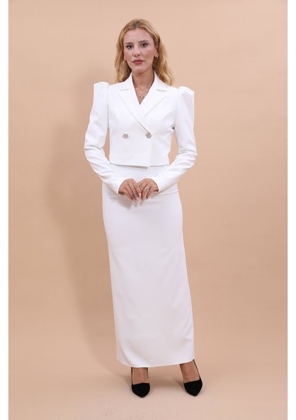 Gömlek Yaka Kısa Ceket & Uzun Düz Dar Etek-Beyaz fırsatları