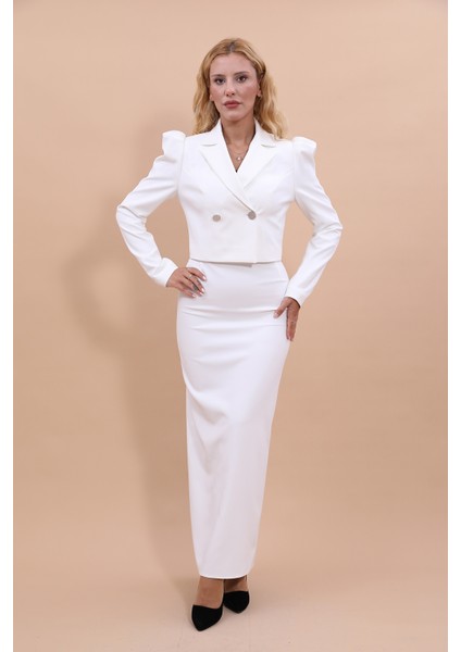 Gömlek Yaka Kısa Ceket & Uzun Düz Dar Etek-Beyaz indirimleri