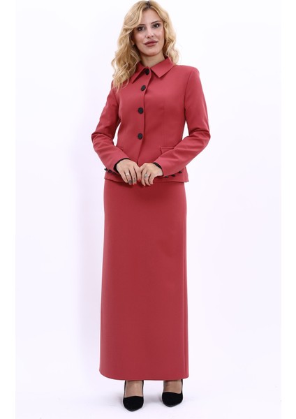 Gömlek Yaka Klasik Ceket & Uzun Düz Dar Etek-Kiremit