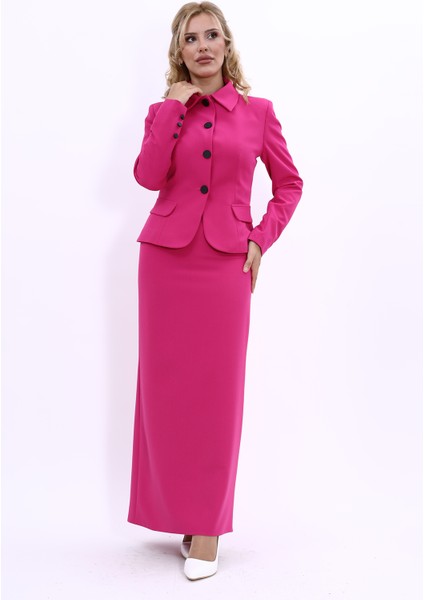 Gömlek Yaka Klasik Ceket & Uzun Düz Dar Etek-Fuşya