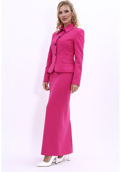 Gömlek Yaka Klasik Ceket & Uzun Düz Dar Etek-Fuşya fiyatları