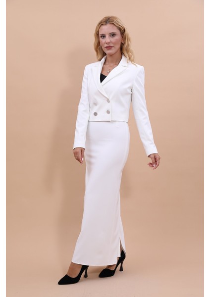 Erkek Yaka Kuruvaze Kısa Ceket & Uzun Düz Dar Etek-Beyaz