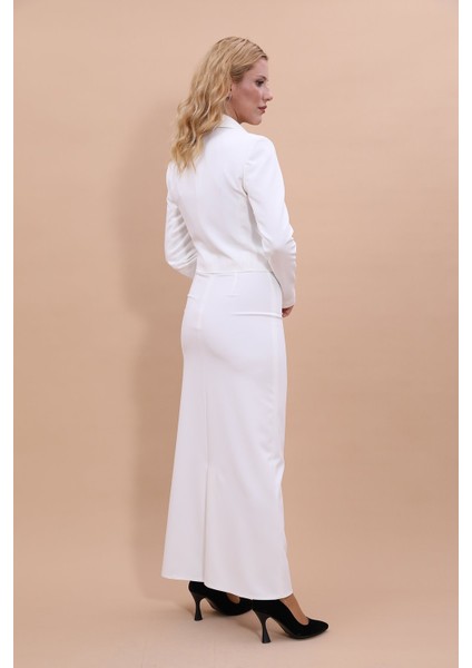 Erkek Yaka Kuruvaze Kısa Ceket & Uzun Düz Dar Etek-Beyaz fiyatları