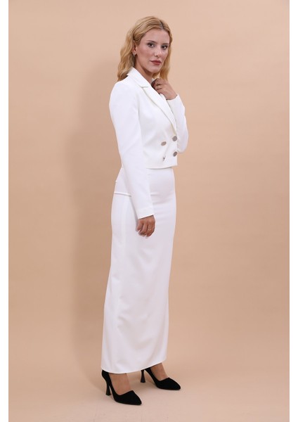 Erkek Yaka Kuruvaze Kısa Ceket & Uzun Düz Dar Etek-Beyaz modelleri