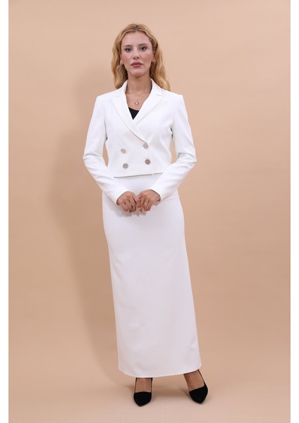 Erkek Yaka Kuruvaze Kısa Ceket & Uzun Düz Dar Etek-Beyaz fırsatları