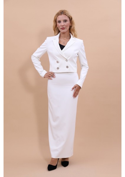 Erkek Yaka Kuruvaze Kısa Ceket & Uzun Düz Dar Etek-Beyaz indirimleri