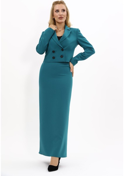 Erkek Yaka Kuruvaze Kısa Ceket & Uzun Düz Dar Etek-Petrol