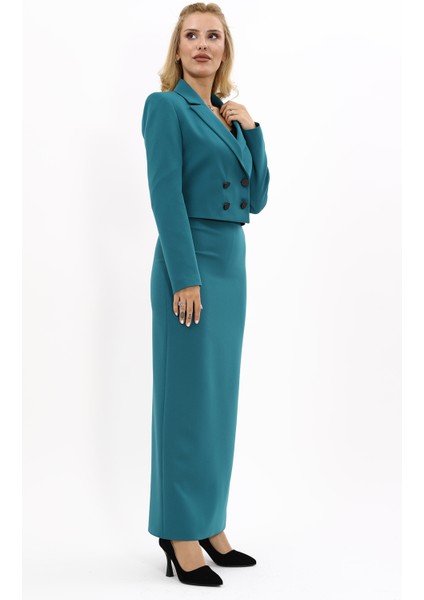 Erkek Yaka Kuruvaze Kısa Ceket & Uzun Düz Dar Etek-Petrol modelleri