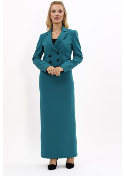 Erkek Yaka Kuruvaze Kısa Ceket & Uzun Düz Dar Etek-Petrol indirimleri