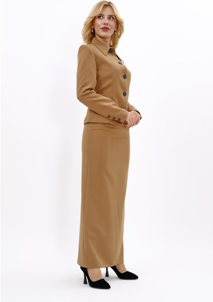 Gömlek Yaka Klasik Ceket & Uzun Düz Dar Etek-Camel modelleri