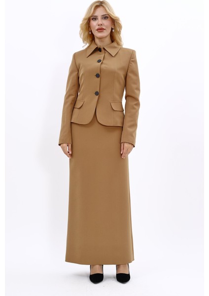 Gömlek Yaka Klasik Ceket & Uzun Düz Dar Etek-Camel indirimleri