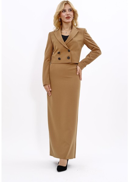 Erkek Yaka Kuruvaze Kısa Ceket & Uzun Düz Dar Etek-Camel