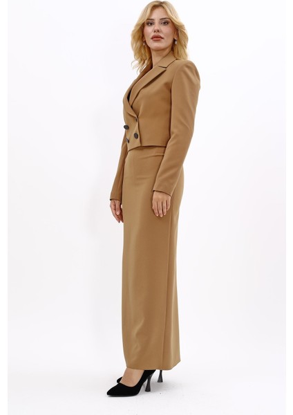 Erkek Yaka Kuruvaze Kısa Ceket & Uzun Düz Dar Etek-Camel fiyatları