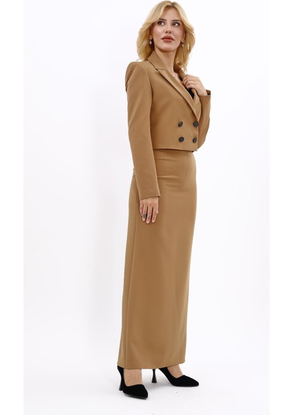 Erkek Yaka Kuruvaze Kısa Ceket & Uzun Düz Dar Etek-Camel modelleri