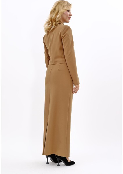 Erkek Yaka Kuruvaze Kısa Ceket & Uzun Düz Dar Etek-Camel fırsatları