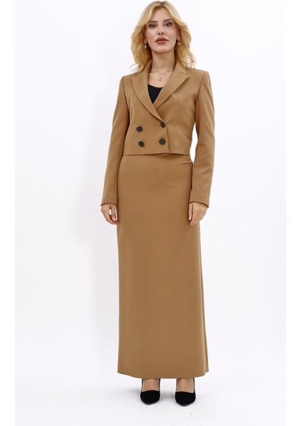 Erkek Yaka Kuruvaze Kısa Ceket & Uzun Düz Dar Etek-Camel indirimleri