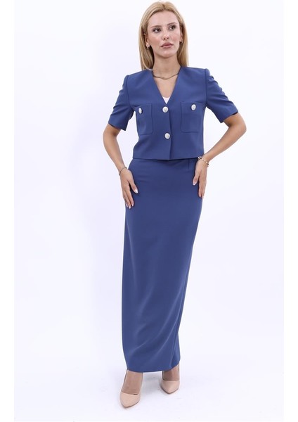 V Yaka Kısa Ceket & Uzun Düz Dar Etek-İndigo