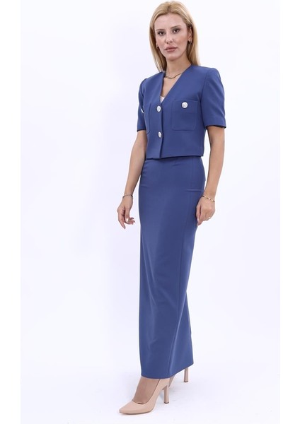 V Yaka Kısa Ceket & Uzun Düz Dar Etek-İndigo fiyatları