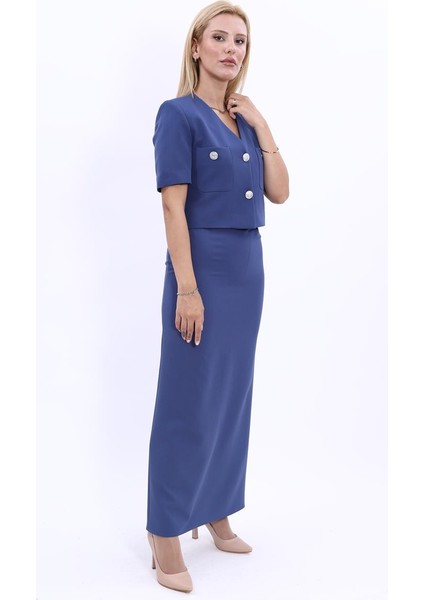 V Yaka Kısa Ceket & Uzun Düz Dar Etek-İndigo modelleri
