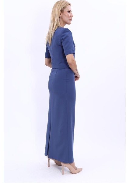 V Yaka Kısa Ceket & Uzun Düz Dar Etek-İndigo fırsatları