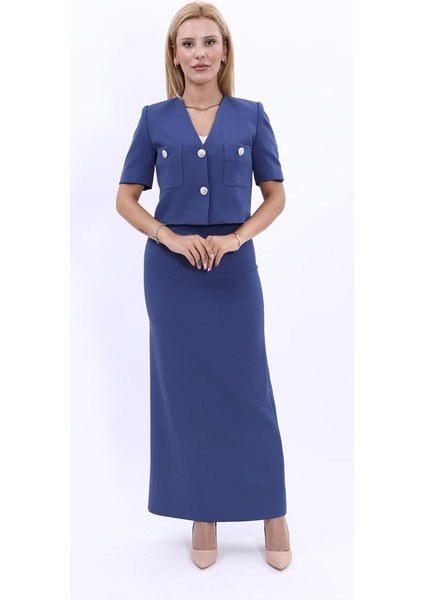 V Yaka Kısa Ceket & Uzun Düz Dar Etek-İndigo indirimleri