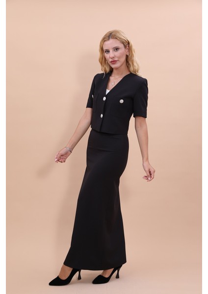 V Yaka Kısa Ceket & Uzun Düz Dar Etek-Siyah
