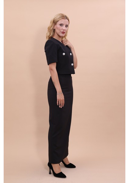V Yaka Kısa Ceket & Uzun Düz Dar Etek-Siyah fiyatları