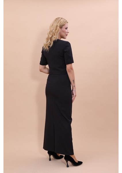 V Yaka Kısa Ceket & Uzun Düz Dar Etek-Siyah modelleri