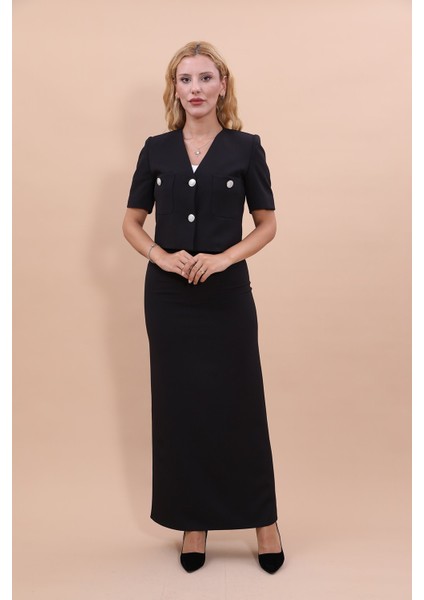 V Yaka Kısa Ceket & Uzun Düz Dar Etek-Siyah fırsatları