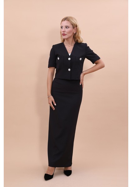 V Yaka Kısa Ceket & Uzun Düz Dar Etek-Siyah indirimleri