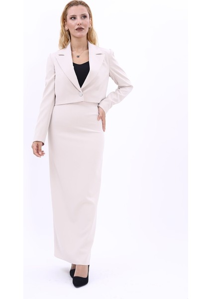 Erkek Yaka Tek Düğmeli Kısa Ceket & Uzun Düz Dar Etek-Bej