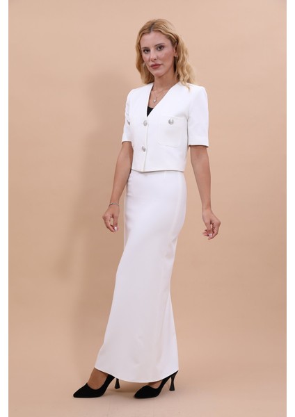 V Yaka Kısa Ceket & Uzun Düz Dar Etek-Beyaz