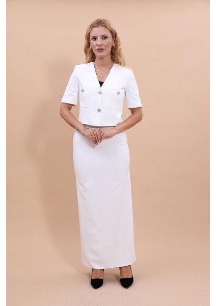 V Yaka Kısa Ceket & Uzun Düz Dar Etek-Beyaz fiyatları