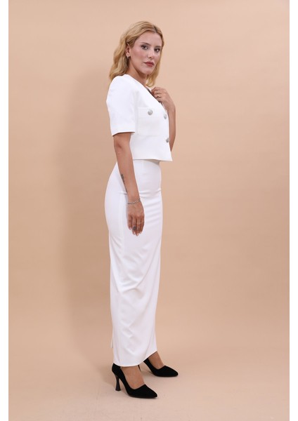 V Yaka Kısa Ceket & Uzun Düz Dar Etek-Beyaz modelleri