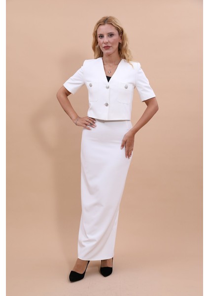 V Yaka Kısa Ceket & Uzun Düz Dar Etek-Beyaz fırsatları