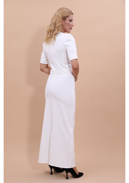 V Yaka Kısa Ceket & Uzun Düz Dar Etek-Beyaz indirimleri