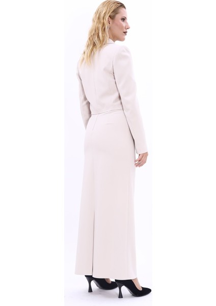 Erkek Yaka Tek Düğmeli Kısa Ceket & Uzun Düz Dar Etek-Bej fırsatları