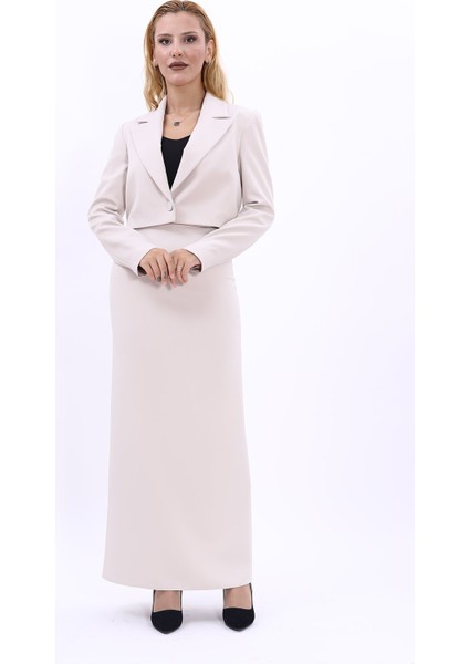 Erkek Yaka Tek Düğmeli Kısa Ceket & Uzun Düz Dar Etek-Bej indirimleri