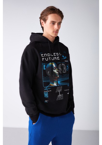 Warrıor Erkek Içi Polarlı Metaverse Baskılı Kapüşonlu Kordonlu Siyah Sweatshirt